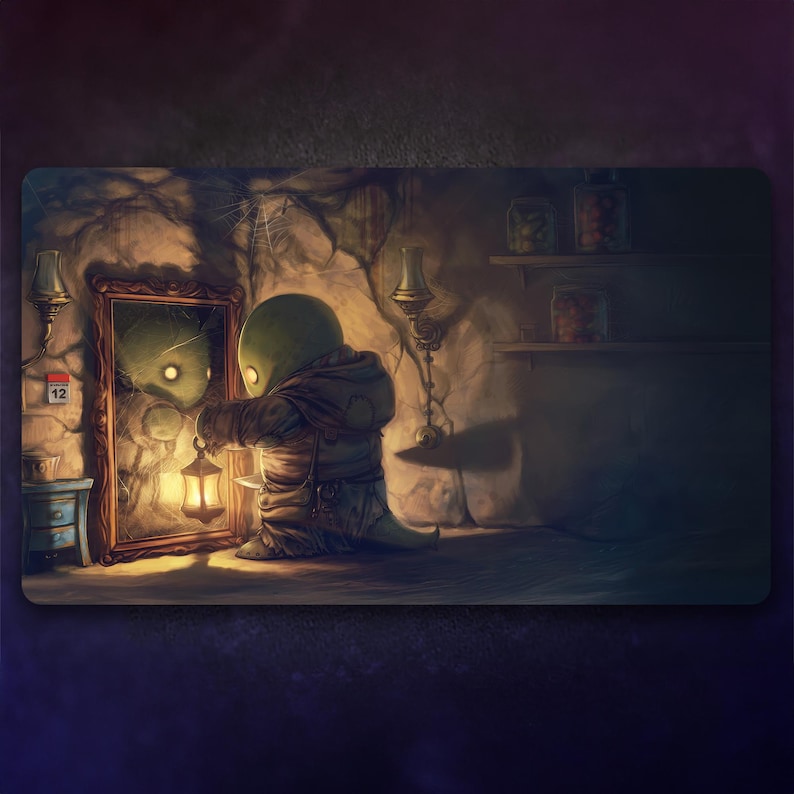 May include: A green, humanoid creature with a lantern in a dimly lit room, looking at its reflection in a cracked mirror. The room has a wooden shelf with jars on it and a small dresser with a calendar that says "12" on it.