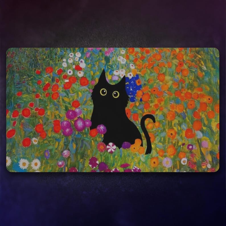 May include: A black cat with large yellow eyes sits in a field of colorful flowers. The flowers are painted in a vibrant, impressionistic style.