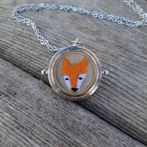 Fox Necklace, Fox Pendant, Eco Friendly Gift, Red Fox Embroidery, Recycled Watch, Fox Wrist Watch, Fox Christmas Gift, Fox Embroidery Charm