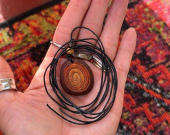 Spiral Necklace Pendant, Carved Avocado Stone, Christmas Gift, Whimsical Necklace, Wood Pendant, Carved Avocado Pit, Gift Idea, Boho Jewelry