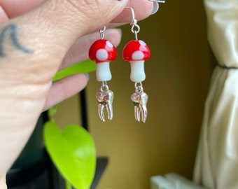 Mushroom Dangle Earrings, Tooth Earrings, Hippie Earrings, Boho Earrings, Gifts for Her, Cheap Gift, Christmas Gift, Cottagecore Earrings