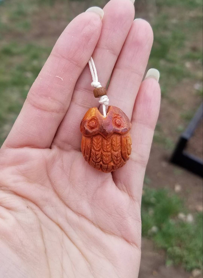 Owl Carved on Avocado Stone Owl Necklace Owl Wood Carving Etsy