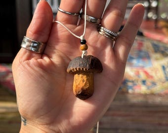 Mushroom Necklace, Carved Avocado Pit, Mushroom Pendant, Mushroom Gift, Birthday Gift, Gifts for Him, Hippie Jewelry, Ecofriendly Gifts