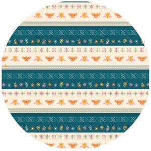 May include: A seamless pattern featuring a repeating design of orange butterflies, bees, and flowers on a cream background with teal stripes.