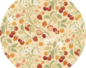 Birch Fabrics: Bountiful by Mustard Beetle, Cherry Strawberry, vanilla, 1/2 yard, quilting cotton