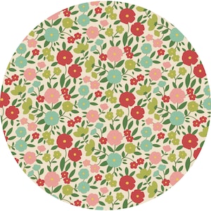 May include: A circular floral pattern featuring a cream background with a repeating design of red, pink, and teal flowers, interspersed with green leaves and smaller red blossoms. The design is a classic, vintage-inspired floral print.