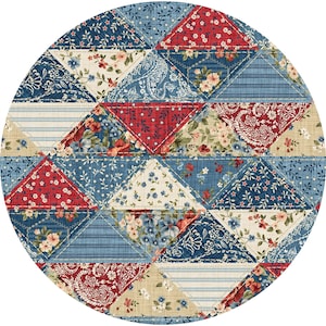 May include: Circular patchwork design featuring triangles of various patterns. The design includes floral, paisley, and striped fabrics in shades of blue, red, and beige. The triangles are stitched together with white thread, creating a cohesive and decorative pattern.