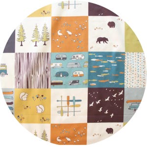 May include: A patchwork fabric with a camping theme. The design features squares with illustrations of trees, squirrels, campers, fish, birds, and bears in shades of brown, yellow, orange, blue, and white.