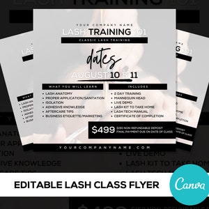 Könnte beinhalten: Ein schwarz-weißer Flyer, der einen Wimpern-Trainingskurs bewirbt. Der Flyer trägt den Text "Lash Training 101" und "Termine: 10. und 11. August". Der Kurs kostet 499 $ und beinhaltet eine Liste der Inhalte und der im Kurs enthaltenen Leistungen.