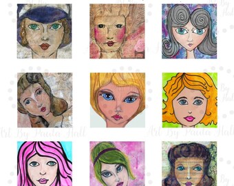 May include: Collage sheet with 12 different illustrations of female faces. Each face is painted in a unique style with different colors, hair styles, and expressions. The faces are all set against a white background.
