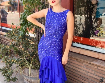 Late 1980’s Cobalt Blue Rhinestone Studded Evening Dress