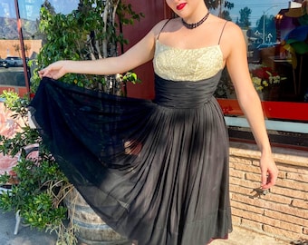 1950’s Black Chiffon and Cream Satin Cocktail Dress