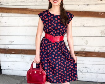 1980’s Navy and Red Lips Fit and Flare Dress