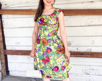 1960’s Green Floral Sheath Cocktail Dress with Overskirt