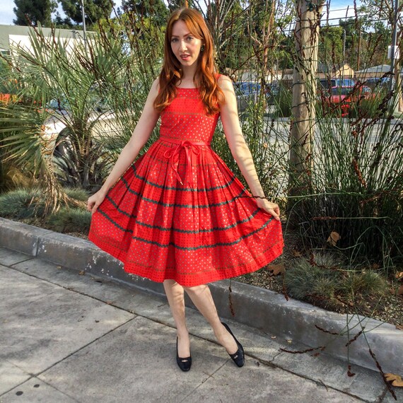 1950’s Red Cotton Ric Rac Fit and Flare Day Dress