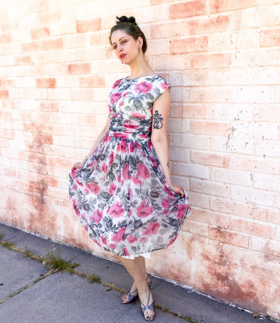 1950’s Pink Floral Chiffon Dress