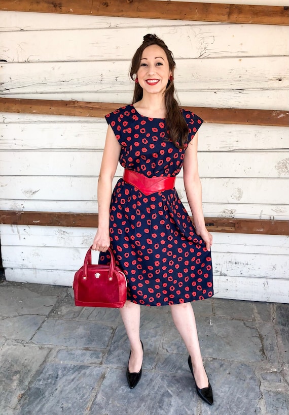 1980’s Navy and Red Lips Fit and Flare Dress