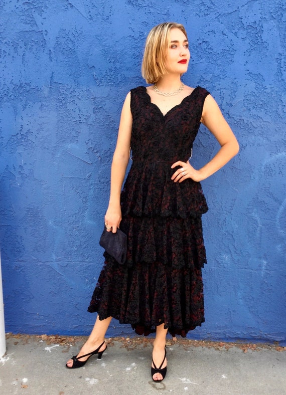 1950’s Black Ruffle Soutache Lace Cocktail Dress