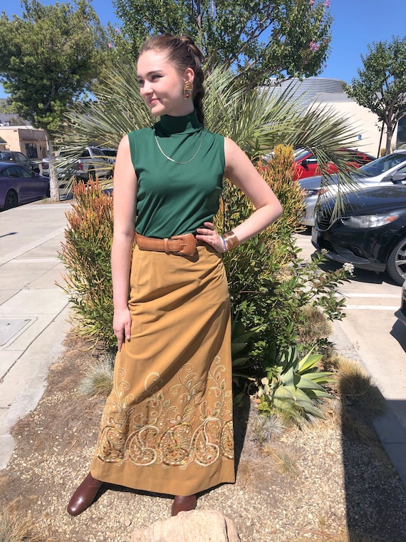 1970’s Tan Maxi Skirt with Embroidery