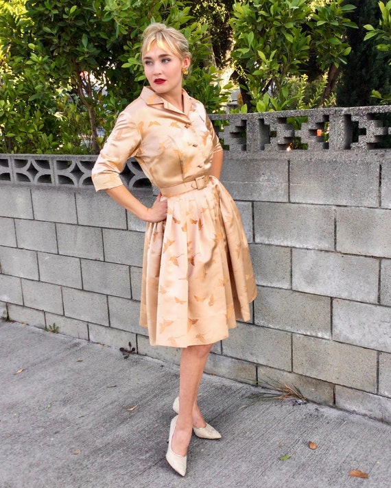 1950’s Champagne Satin Cocktail Shirt Dress