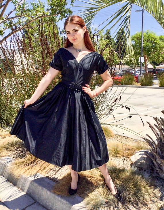 1950s Black Fit N Flare Cocktail Dress With Pom Pom Belt - Etsy