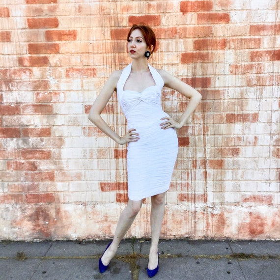 1980’s Couture Vicky Tiel White Ruched Halter Cock