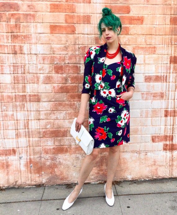 1980’s Navy Floral Dress and Jacket Set