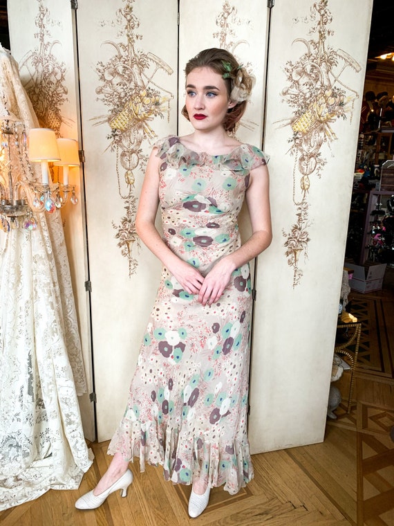1930’s Bias Cut Floral Chiffon Garden Party Dress