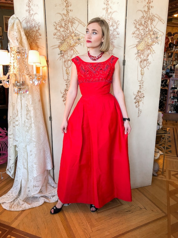 1950’s Elegant Red Satin Faille Evening Gown
