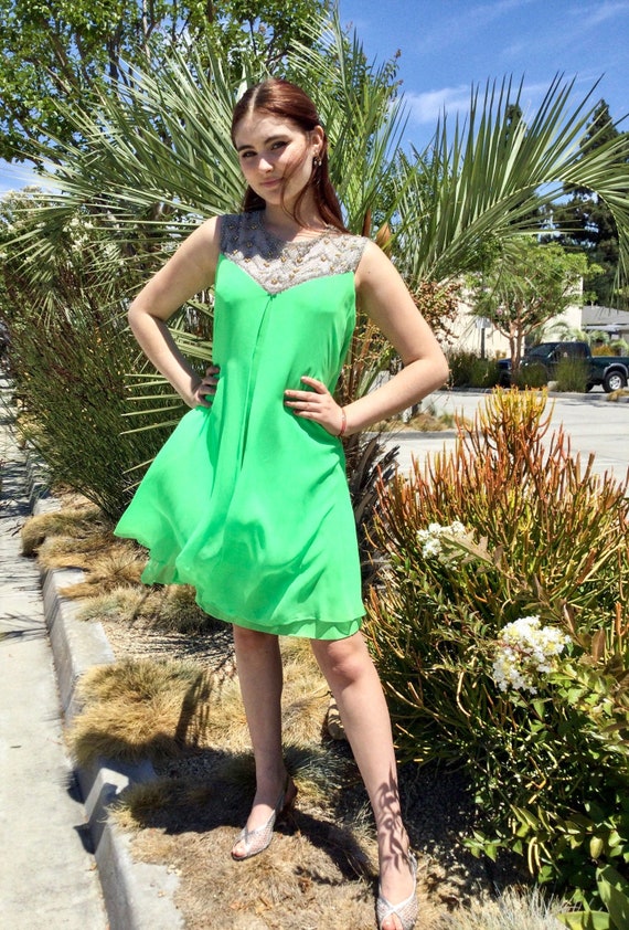 1960s Bright Green Chiffon Shift Mini Jeweled Cocktail Dress Etsy