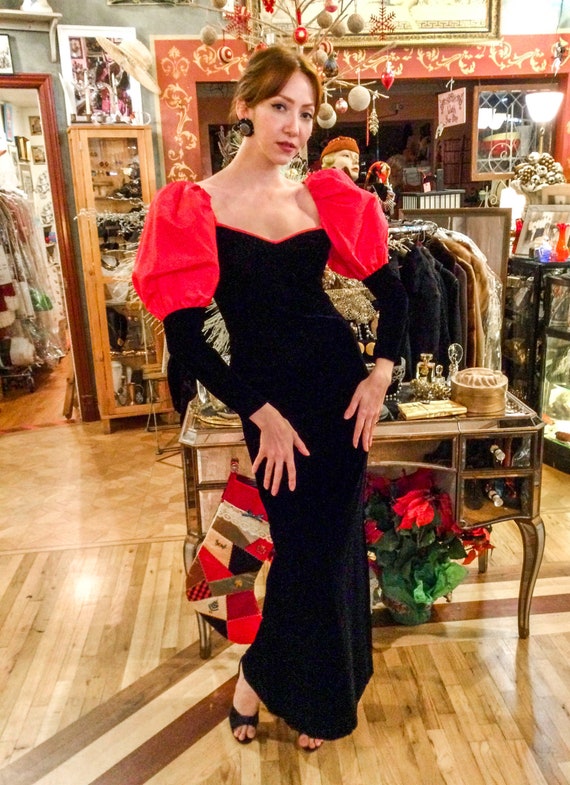 1980’s Black Velvet Gown with Red Puff Sleeves