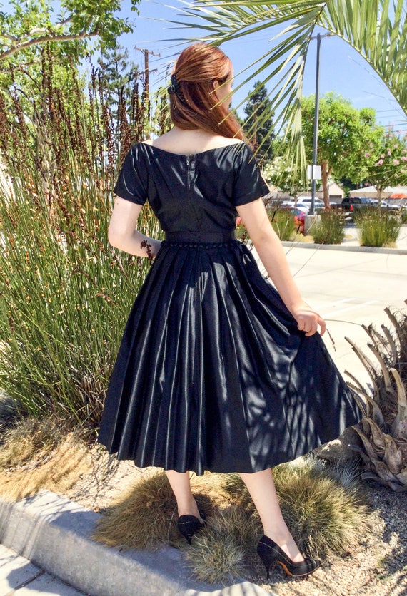 1950 s Black Fit n Flare Cocktail Dress with Pom Pom Belt