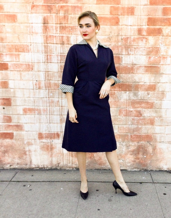 1950’s Navy Day Dress with Striped Accents - image 1