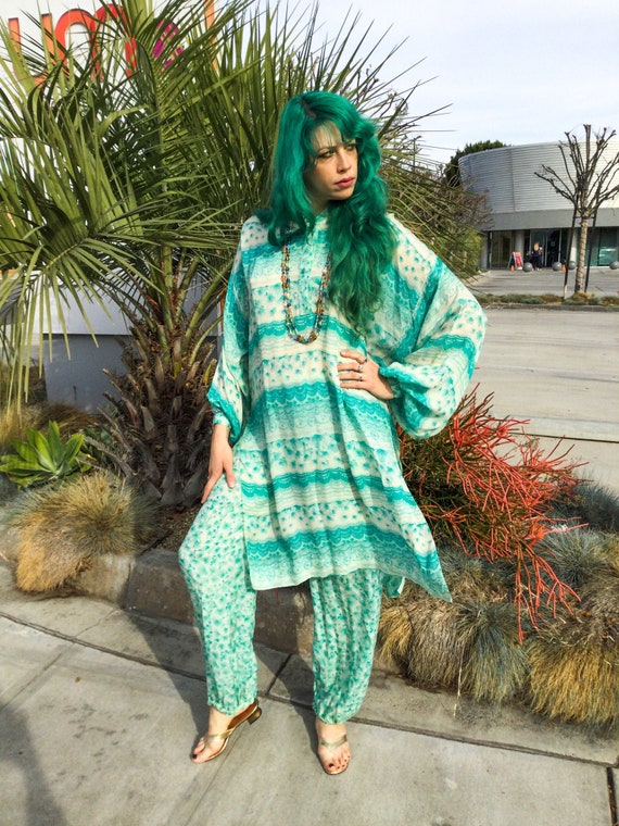 1970’s Teal and Cream Abstract Floral Loungewear S