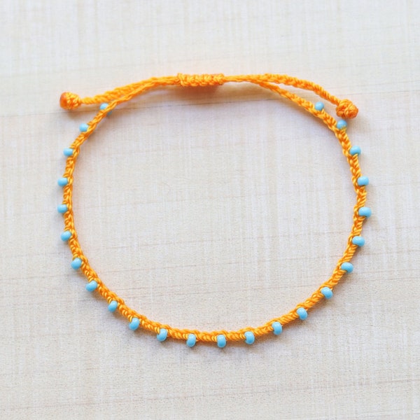 Tangerine &  Sky Blue, Dainty Seed Bead Bracelet or Anklet, Micro Braided, Adjustable Friendship Bracelet, Minimalist, Stacking bracelet