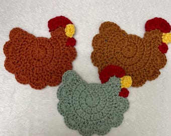 Posavasos de gallina de ganchillo: 100 % algodón, decoración estilo granja.