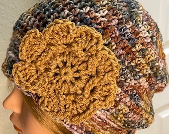 Knit Cloche Hat: Multicolor Earth Tones, Boho Flower Accent  display picture 2