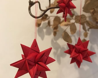 4 or 8 Christmas tree decorations - Scandi Danish Handmade paper origami hanging stars - red