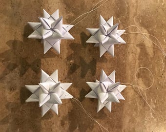 4 or 8 Christmas tree decorations - Scandi Danish Handmade paper origami Christmas stars - white
