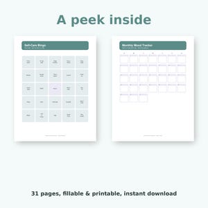 May include: Two printable planner pages with a sage green header. The left page is a Self-Care Bingo card with a five-by-five grid of activities. The right page is a Monthly Mood Tracker with a calendar grid. Text reads A peek inside and 31 pages.
