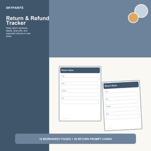 May include: A digital Return & Refund Tracker worksheet set by SKYPAINTS featuring two white forms titled Return Inbox and Return Rules with fields for plan, note, choose, and next. Includes 12 worksheet pages and 36 return prompt cards.