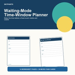 Puede incluir: Un conjunto de planificador Waiting-Mode Time-Window con dos hojas de trabajo blancas con encabezados azul oscuro etiquetados como Event Anchor y My Safe Task Window, con campos para plan, note, choose y next. Incluye 14 páginas y 36 tarjetas.