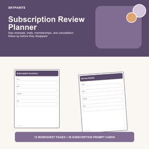 Pode incluir: Um planejador de revisão de assinaturas roxo com texto branco lendo SKYPAINTS, Subscription Review Planner, See renewals, trials, memberships, and cancellation follow-up before they disappear. Inclui planilhas de Subscription Inventory e Service Details, 12 páginas de planilhas e 36 cartões de prompt de assinatura.