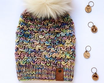 Luxury Knit Hat- “Granger Toque”, Medium Weight Beanie, Multi-Color Handmade Beanie, Faux Fur Pom Pom Hat