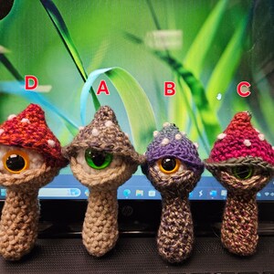 May include: Four crocheted mushroom plushies with googly eyes. The mushrooms are different colors: red, green, purple, and brown.