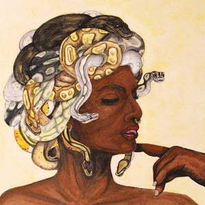 May include: A watercolor painting of a woman with a head full of snakes. The woman has dark skin and closed eyes. The snakes are a variety of colors, including brown, green, and white. The painting is signed "Aquilis Creations".