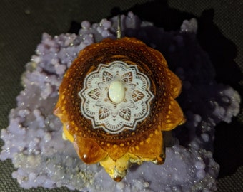 White Mandala With Spencer Idaho Opal Pine Cone Pendant with Sterling Silver Band