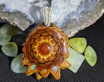 Carnelian with 2 Ethiopian Opal and 2 Yellow Chalcedony Cabochon Pine Cone Pendant with Sterling Silver Wire Wrapped Band