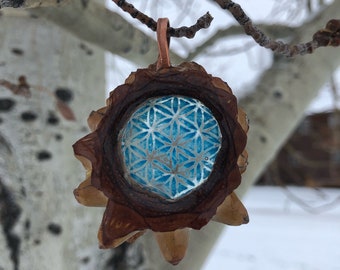 Glow in Dark Flower of Life Pine Cone Pendant with Copper Band