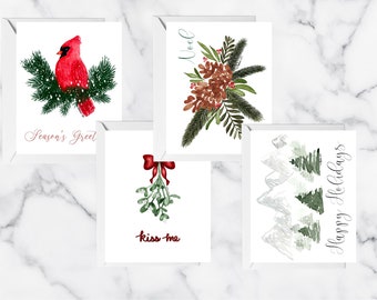 Traditional Winter Holiday Hand Painted Watercolor Illustration Christmas Card Set With Classic Holiday Sayings Seasonal Stationery Gift Set